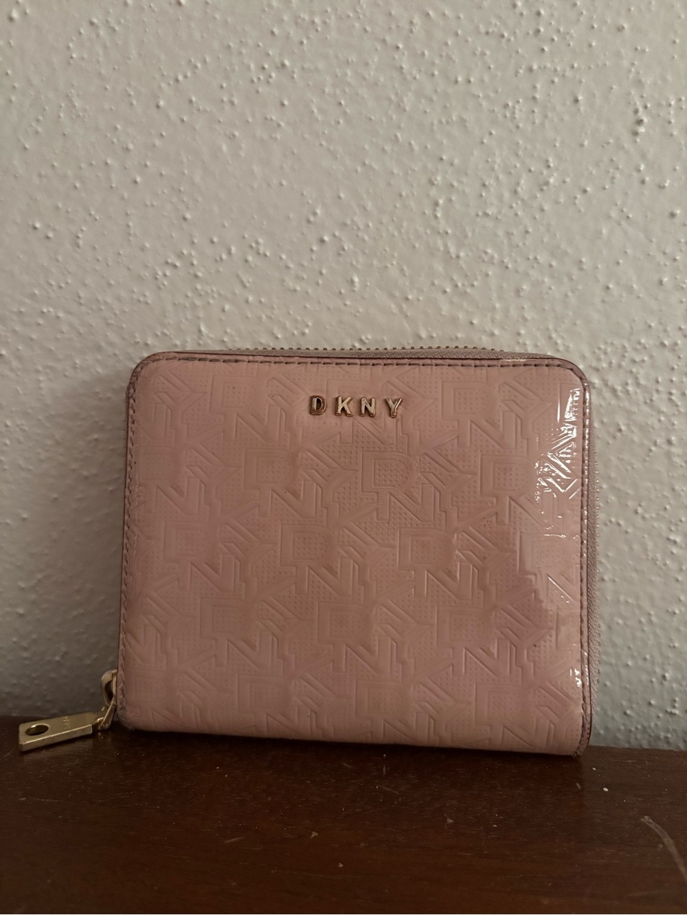 DKNY Blush Pink Patent Zip Around Wallet with Embossed Logo
